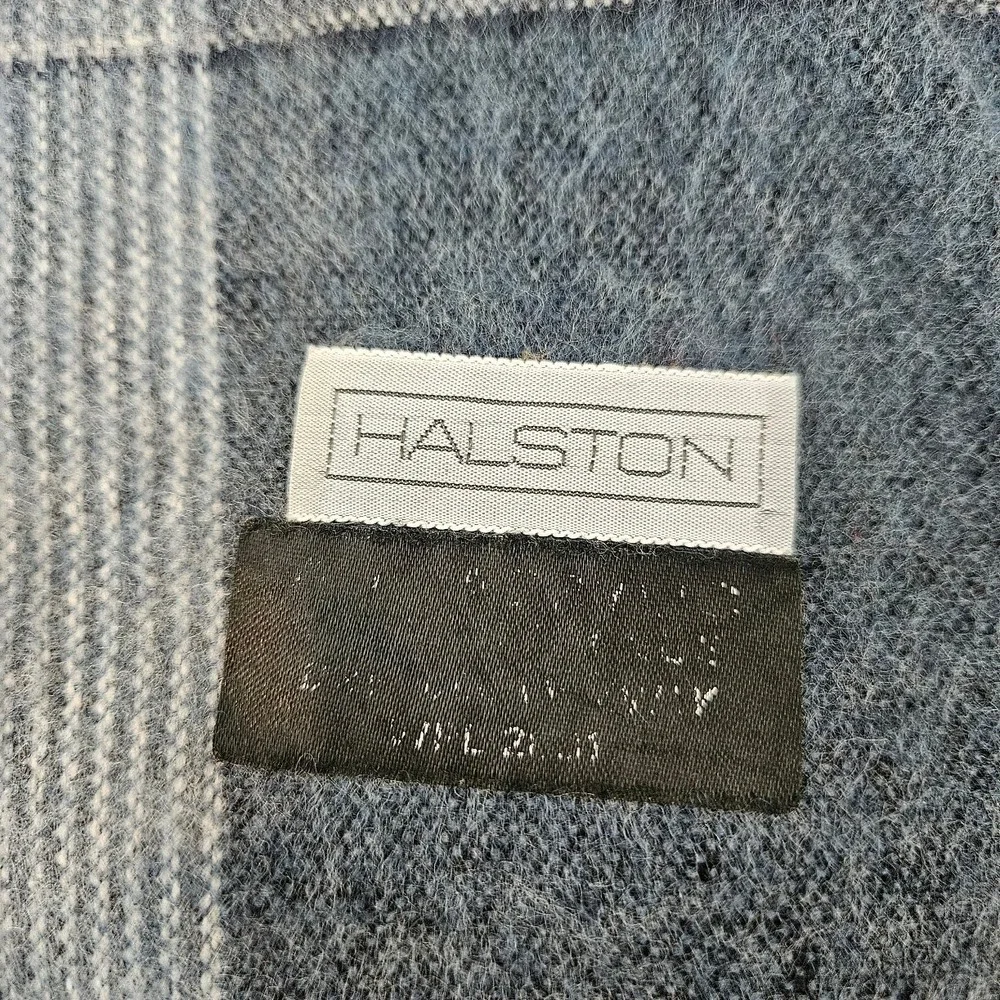 Halston Lambswool Scarf Blue Grey Striped Colorblock Fringe Winter  Unisex